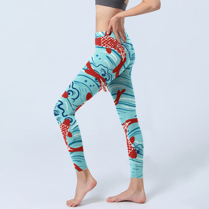 Buddha Stones Koi Fish Wave Pattern Print Gym Leggings Women's Yoga Pants - image 2