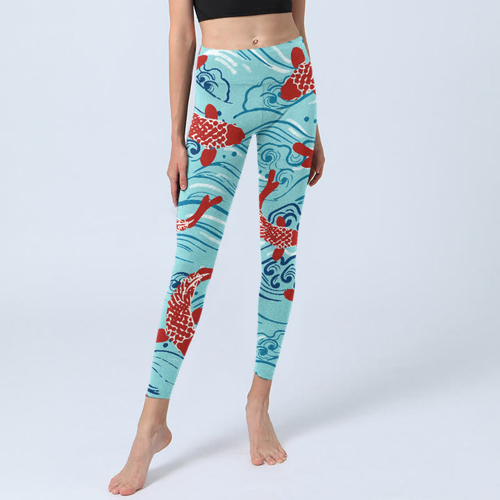 Buddha Stones Koi Fish Wave Pattern Print Gym Leggings Women's Yoga Pants - image 5
