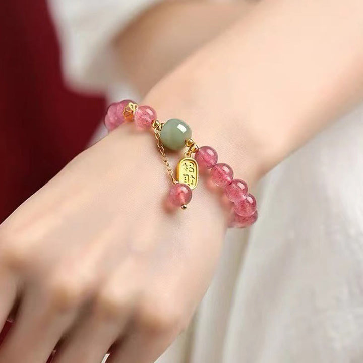 Buddha Stones Natural Strawberry Quartz Fu Character Jade Positive Healing Bracelet - image 3