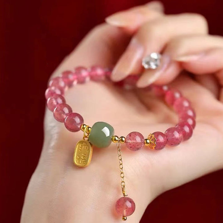 Buddha Stones Natural Strawberry Quartz Fu Character Jade Positive Healing Bracelet - image 2