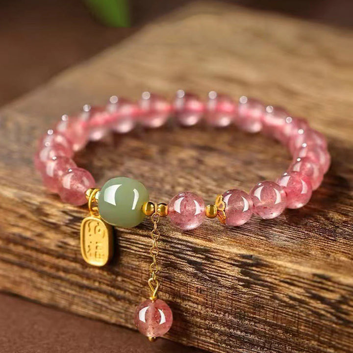 Buddha Stones Natural Strawberry Quartz Fu Character Jade Positive Healing Bracelet - Strawberry Crystal (Wrist Circumference: 14-16cm) - image 0