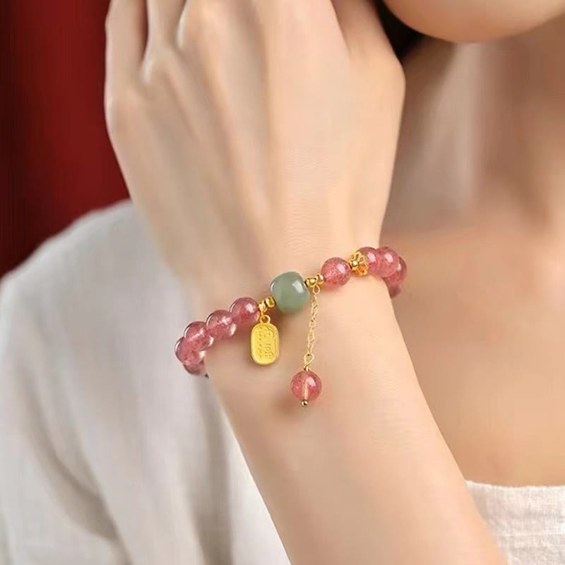 Buddha Stones Natural Strawberry Quartz Fu Character Jade Positive Healing Bracelet - image 4