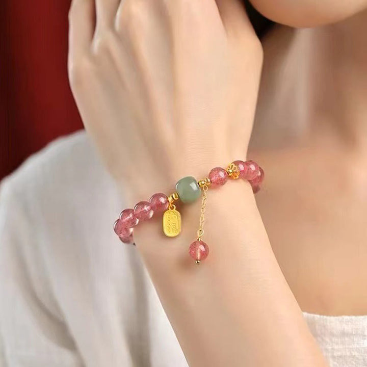 Buddha Stones Natural Strawberry Quartz Fu Character Jade Positive Healing Bracelet - image 4
