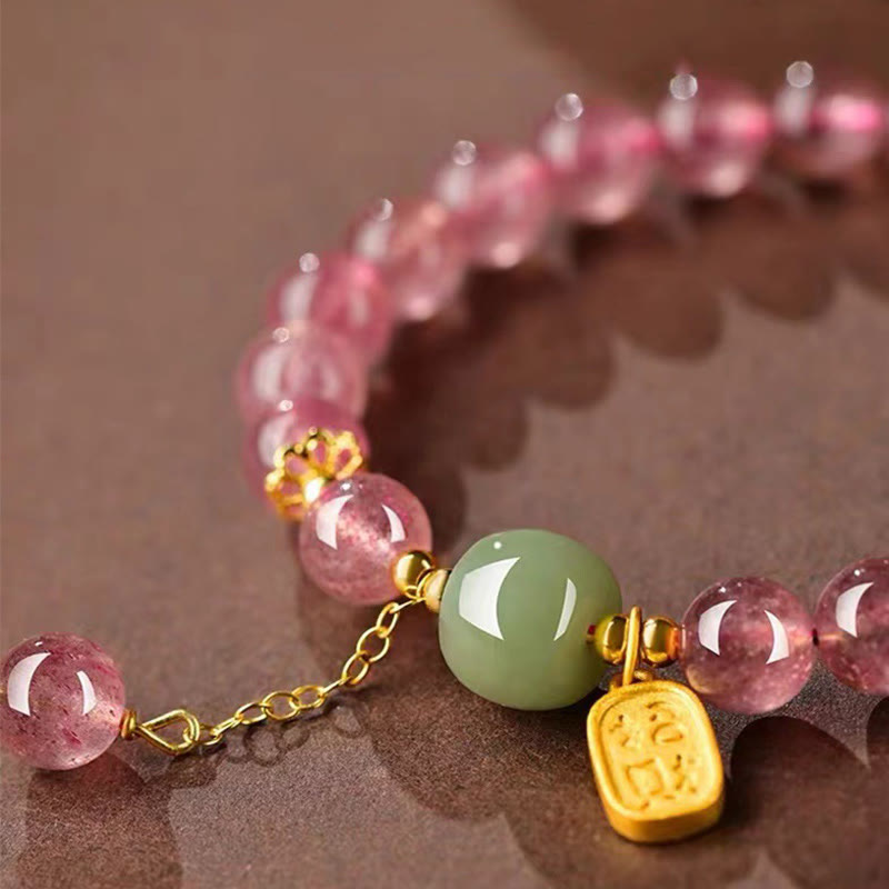 Buddha Stones Natural Strawberry Quartz Fu Character Jade Positive Healing Bracelet - image 1