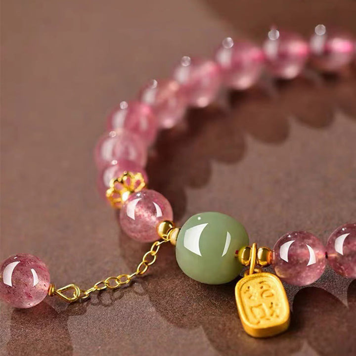 Buddha Stones Natural Strawberry Quartz Fu Character Jade Positive Healing Bracelet - image 1