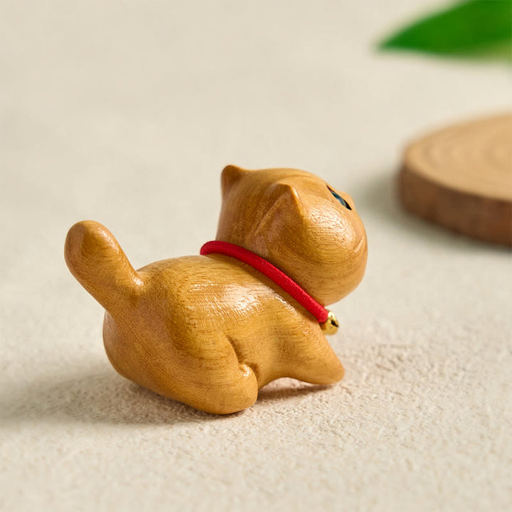 Buddha Stones Mini Sandalwood Carved Lucky Confident Cat Healing Decoration - image 5