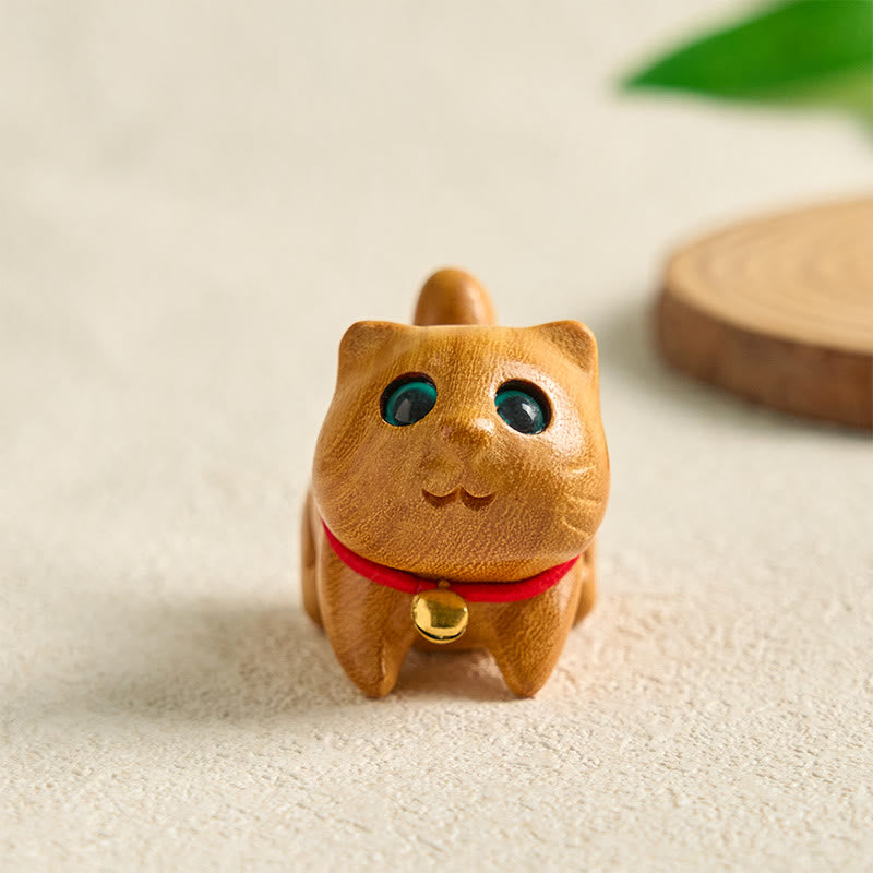Buddha Stones Mini Sandalwood Carved Lucky Confident Cat Healing Decoration - 2.37*1.57*1.38 in (6*4*3.5 cm) - image 0