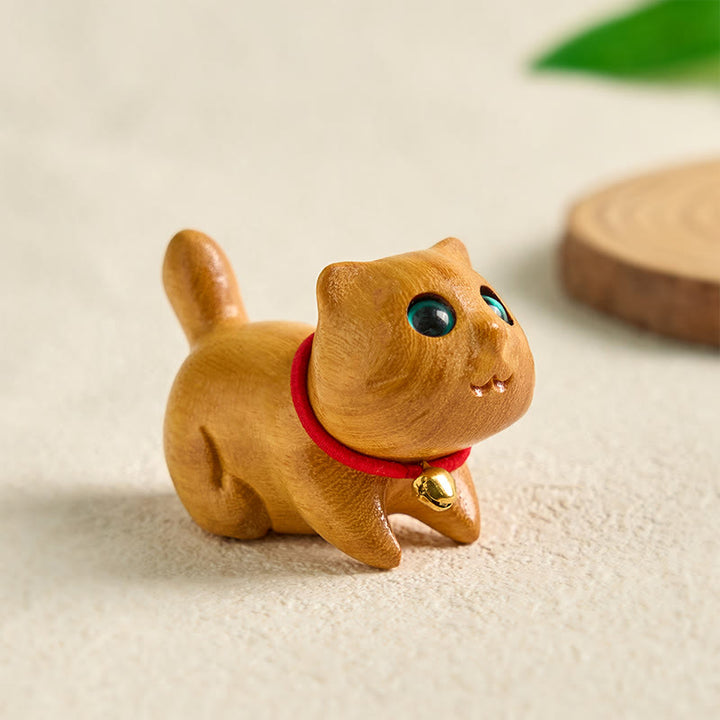 Buddha Stones Mini Sandalwood Carved Lucky Confident Cat Healing Decoration - image 1