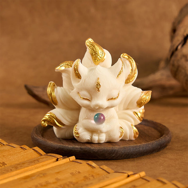 Buddha Stones Small Nine Tailed Fox Carved Ivory Fruit Support Home Decoration - Ivory Fruit Golden Fox 7.5*5.5cm - image 0