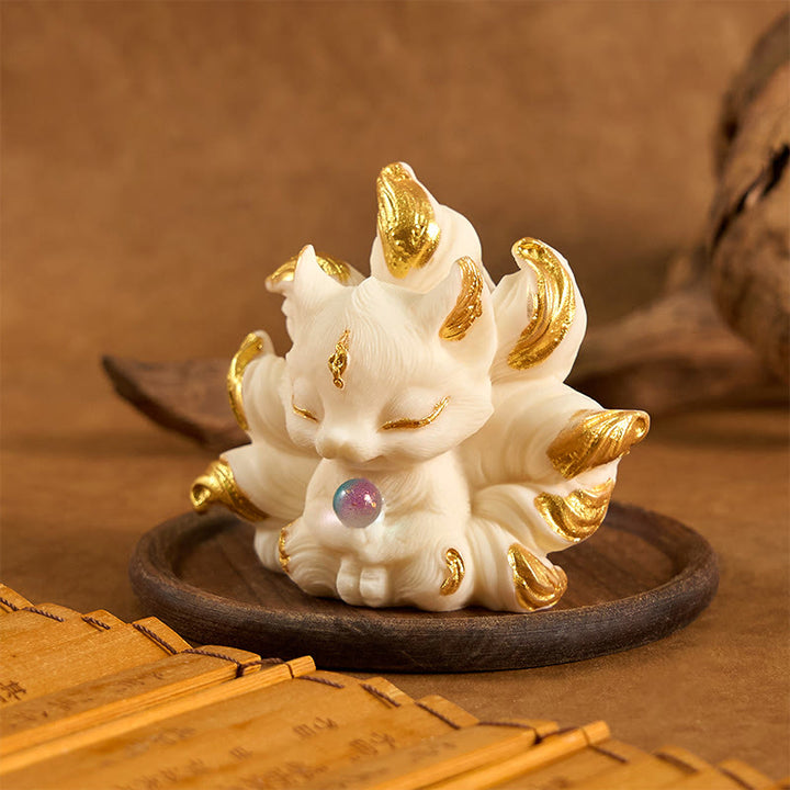 Buddha Stones Small Nine Tailed Fox Carved Ivory Fruit Support Home Decoration - image 3
