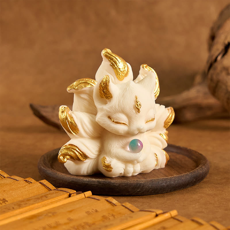 Buddha Stones Small Nine Tailed Fox Carved Ivory Fruit Support Home Decoration - image 2