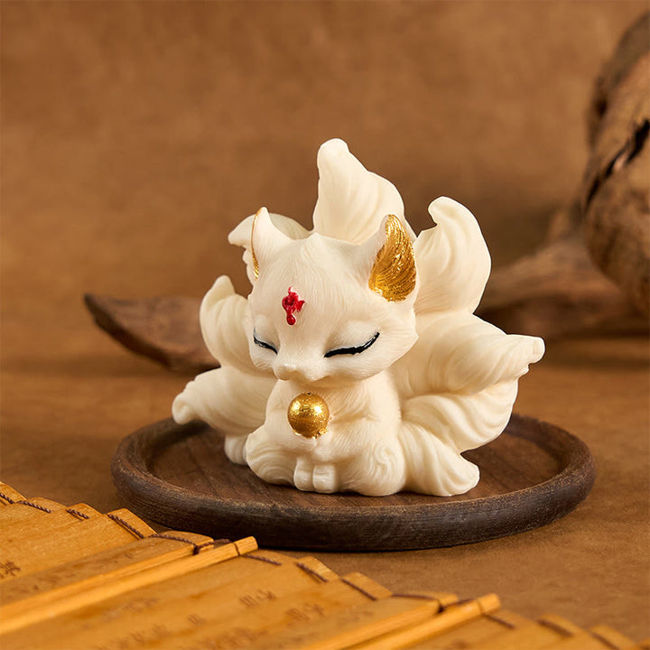 Buddha Stones Small Nine Tailed Fox Carved Ivory Fruit Support Home Decoration - image 10