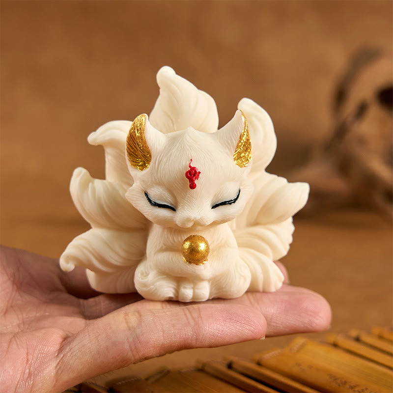 Buddha Stones Small Nine Tailed Fox Carved Ivory Fruit Support Home Decoration - image 9