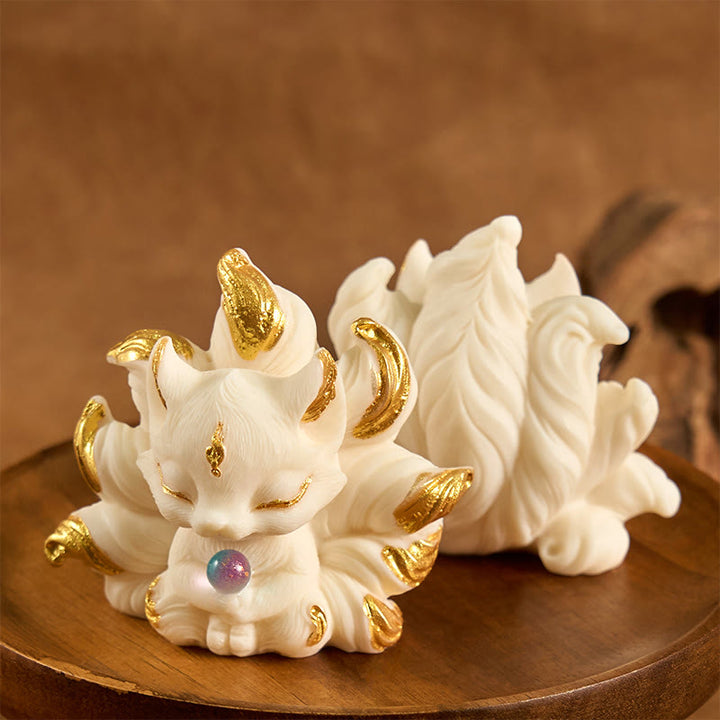 Buddha Stones Small Nine Tailed Fox Carved Ivory Fruit Support Home Decoration - image 4