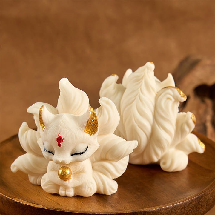Buddha Stones Small Nine Tailed Fox Carved Ivory Fruit Support Home Decoration - image 12