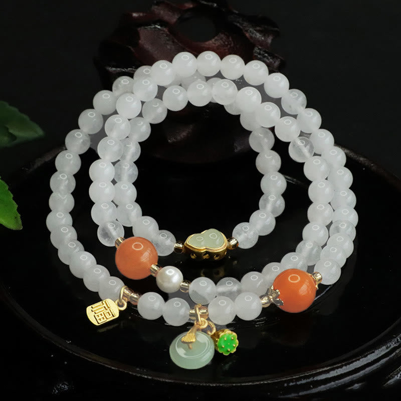 Buddha Stones Natural White Jade Multi-layer Gourd Peace Buckle Fu Character Luck Bracelet - image 1