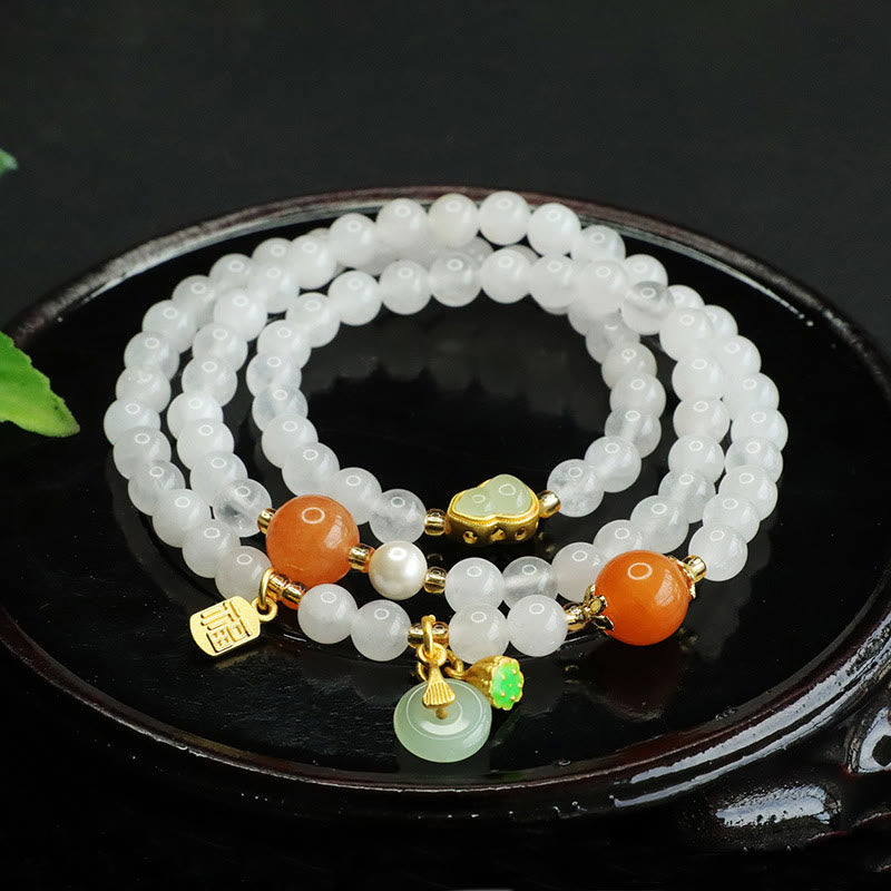 Buddha Stones Natural White Jade Multi-layer Gourd Peace Buckle Fu Character Luck Bracelet - White Jade(Wrist Circumference: 15-17cm) - image 0