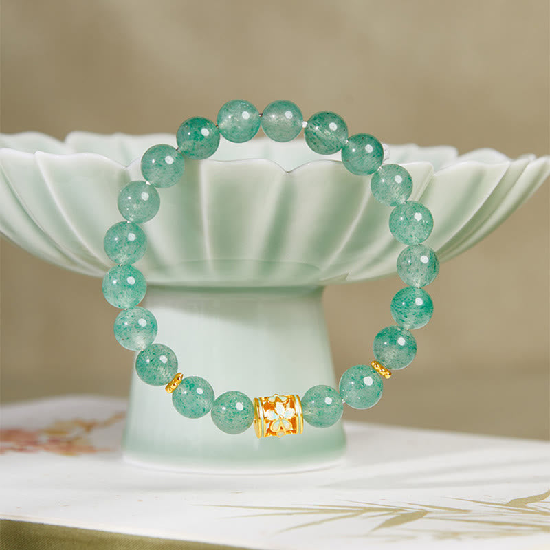 Buddha Stones 925 Sterling Silver Green Strawberry Quartz Flower Calm Bracelet - image 2