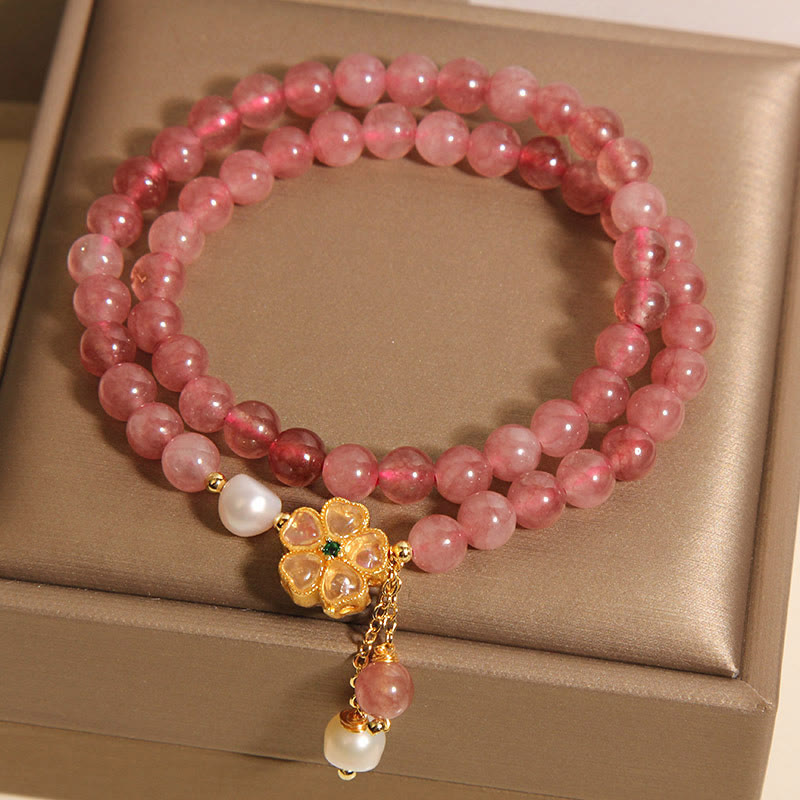 Buddha Stones Strawberry Quartz Four Leaf Clover Double Wrap Design Positive Bracelet - image 6