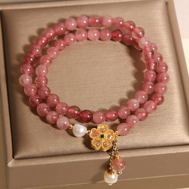 Buddha Stones Strawberry Quartz Four Leaf Clover Double Wrap Design Positive Bracelet - image 3