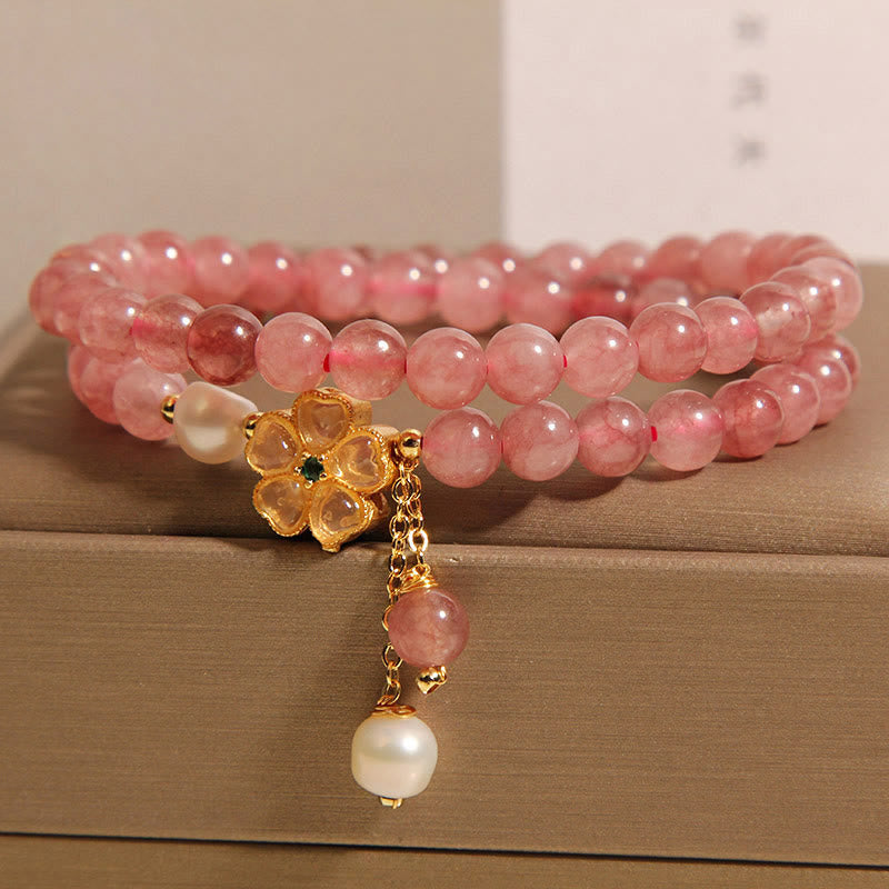 Buddha Stones Strawberry Quartz Four Leaf Clover Double Wrap Design Positive Bracelet - image 1