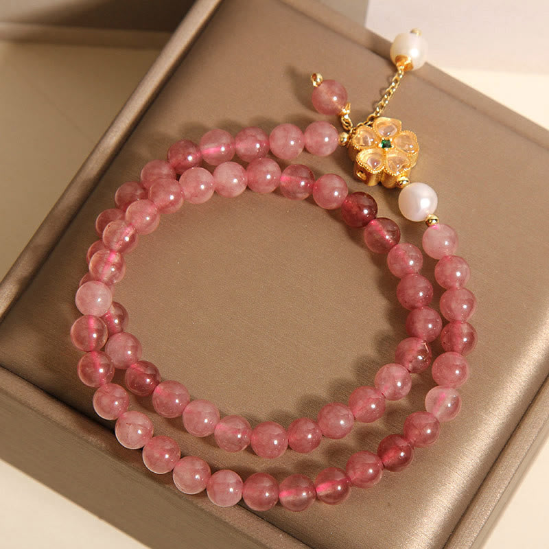 Buddha Stones Strawberry Quartz Four Leaf Clover Double Wrap Design Positive Bracelet - image 4