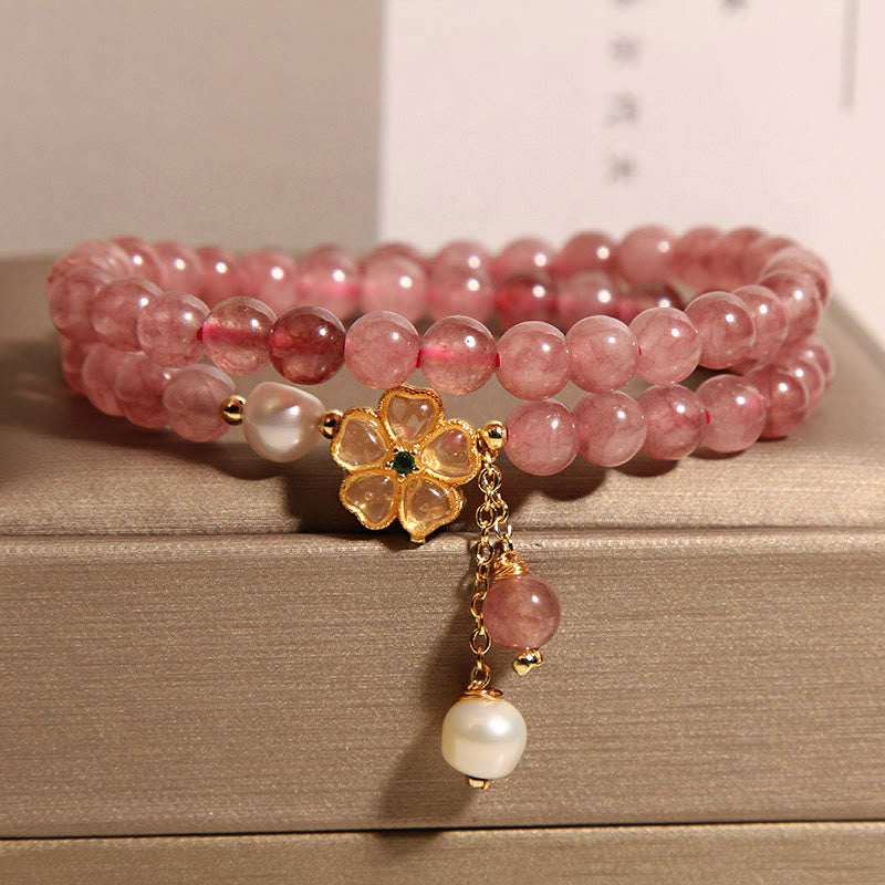 Buddha Stones Strawberry Quartz Four Leaf Clover Double Wrap Design Positive Bracelet - Strawberry Quartz(Wrist Circumference: 15-17cm) - image 0