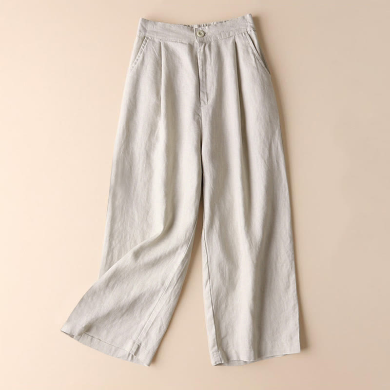 Buddha Stones Commute Solid Color Drawstring 7-8 Length Cotton Linen Women's Wide Leg Pants With Pockets - Linen - US12，UK/AU16，EU44 (3XL) - image 0