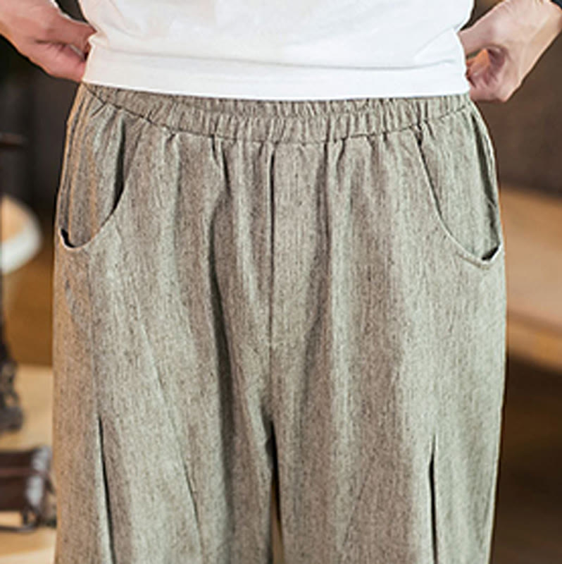 Buddha Stones Casual Solid Color Drawstring Men's Elastic Waistband Cotton Linen Pants With Pockets - image 8