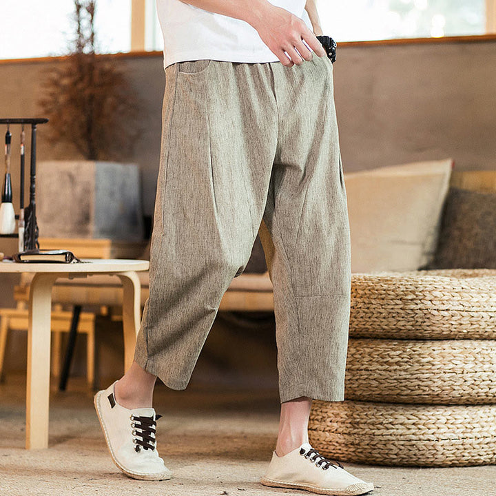 Buddha Stones Casual Solid Color Drawstring Men's Elastic Waistband Cotton Linen Pants With Pockets - DarkKhaki - US/UK/AU46，EU56 (5XL) - image 0