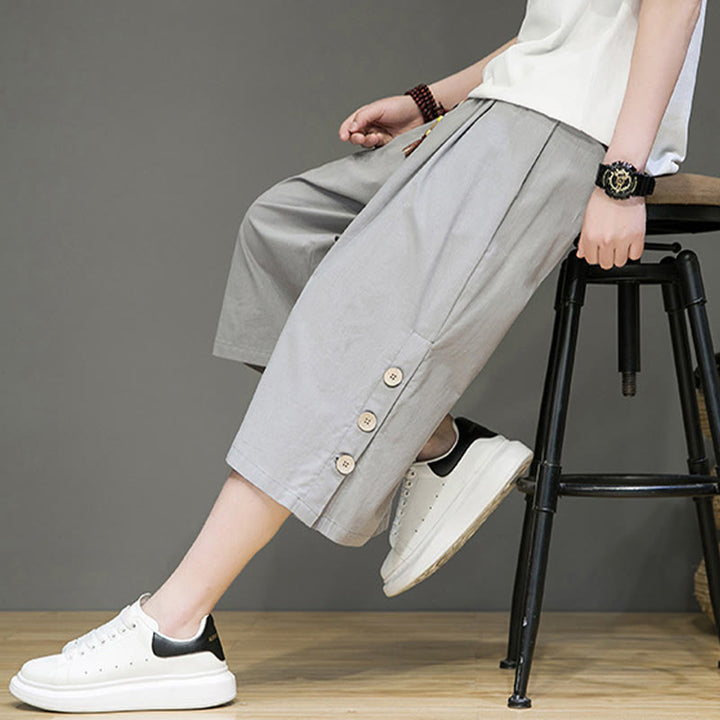 Buddha Stones Casual Plain Side Button Design Drawstring Men's Cotton Cropped Pants With Pockets - image 36