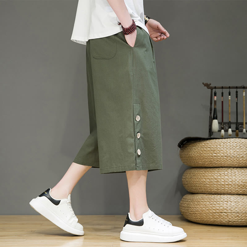 Buddha Stones Casual Plain Side Button Design Drawstring Men's Cotton Cropped Pants With Pockets - image 20