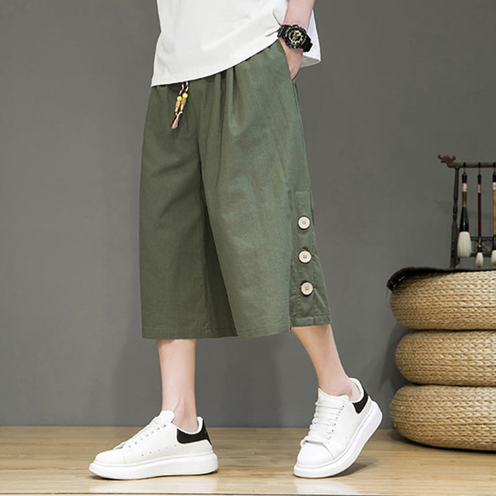 Buddha Stones Casual Plain Side Button Design Drawstring Men's Cotton Cropped Pants With Pockets - image 19