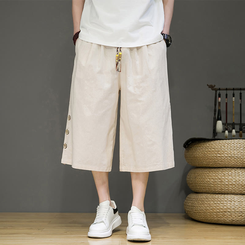 Buddha Stones Casual Plain Side Button Design Drawstring Men's Cotton Cropped Pants With Pockets - Beige - US/UK/AU46，EU56 (5XL) - image 0