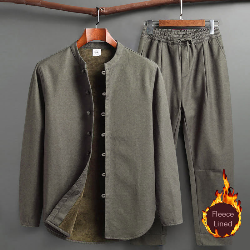 Buddha Stones Solid Tang Suit Traditional Fleece Lined Uniform Long Sleeve Top Pants Men's Set - DarkSeaGreen - Top&Pants - US/UK/AU46，EU56 (5XL) - image 13