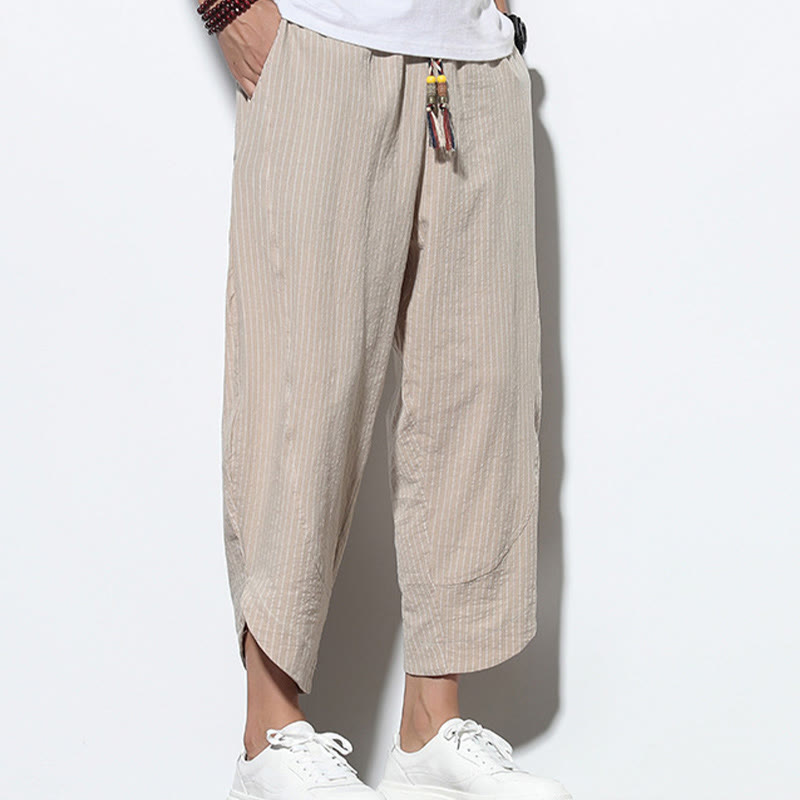 Buddha Stones Summer Stripes Pattern Drawstring Cotton Linen Men's 7-8 Length Harem Pants With Pockets - image 5