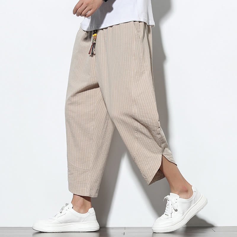 Buddha Stones Summer Stripes Pattern Drawstring Cotton Linen Men's 7-8 Length Harem Pants With Pockets - image 3