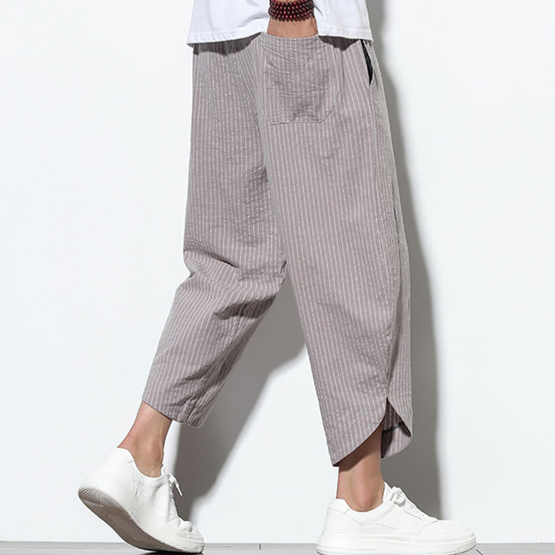 Buddha Stones Summer Stripes Pattern Drawstring Cotton Linen Men's 7-8 Length Harem Pants With Pockets - image 28