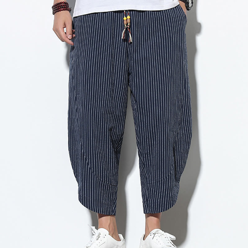 Buddha Stones Summer Stripes Pattern Drawstring Cotton Linen Men's 7-8 Length Harem Pants With Pockets - image 39