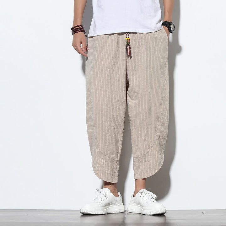 Buddha Stones Summer Stripes Pattern Drawstring Cotton Linen Men's 7-8 Length Harem Pants With Pockets - image 7