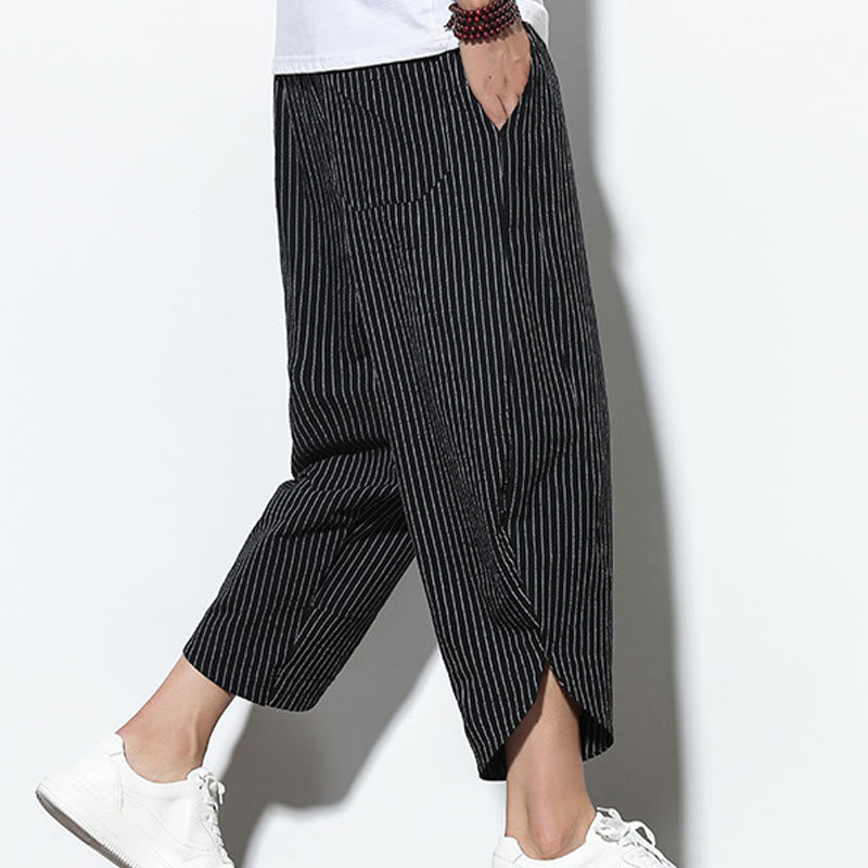 Buddha Stones Summer Stripes Pattern Drawstring Cotton Linen Men's 7-8 Length Harem Pants With Pockets - image 15