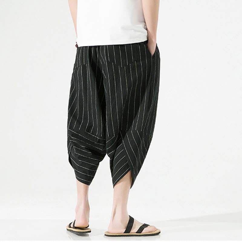 Buddha Stones Casual Plain Stripes Pattern Drawstring Men's 7-8 Length Cotton Linen Harem Pants With Pockets - image 4