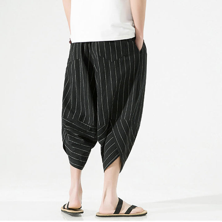 Buddha Stones Casual Plain Stripes Pattern Drawstring Men's 7-8 Length Cotton Linen Harem Pants With Pockets - image 4