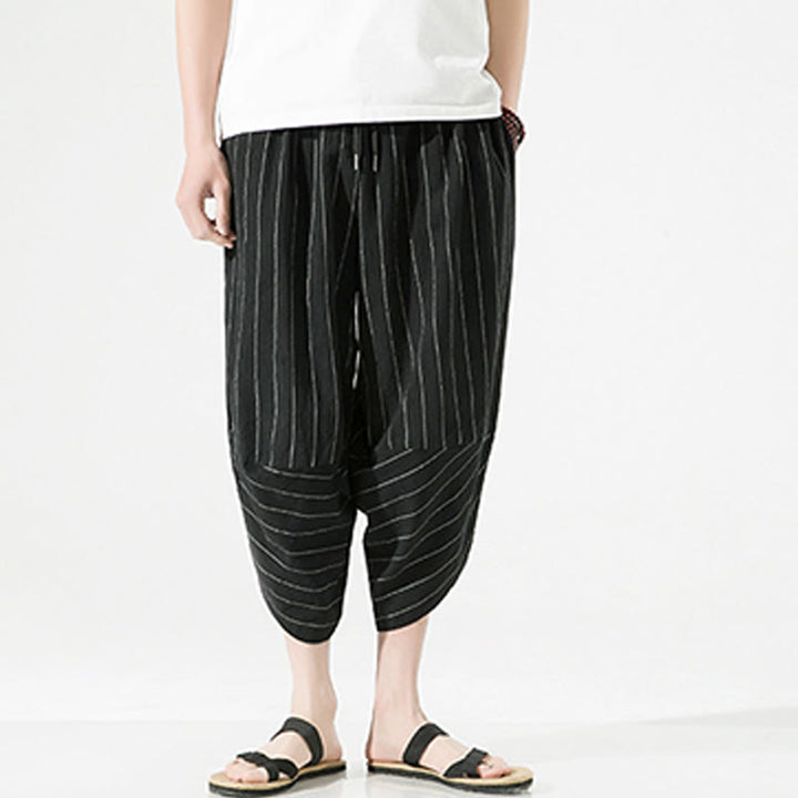 Buddha Stones Casual Plain Stripes Pattern Drawstring Men's 7-8 Length Cotton Linen Harem Pants With Pockets - image 2