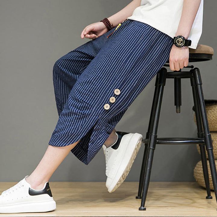 Buddha Stones Casual White Stripes Pattern Drawstring Button Design Men's Cotton Cropped Harem Pants With Pockets - image 32