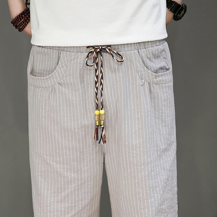 Buddha Stones Casual White Stripes Pattern Drawstring Button Design Men's Cotton Cropped Harem Pants With Pockets - image 8