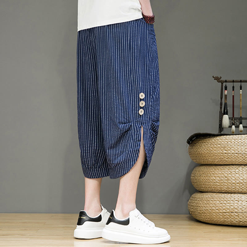 Buddha Stones Casual White Stripes Pattern Drawstring Button Design Men's Cotton Cropped Harem Pants With Pockets - image 31