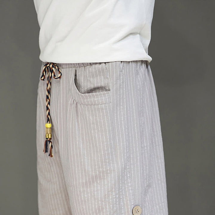 Buddha Stones Casual White Stripes Pattern Drawstring Button Design Men's Cotton Cropped Harem Pants With Pockets - image 9