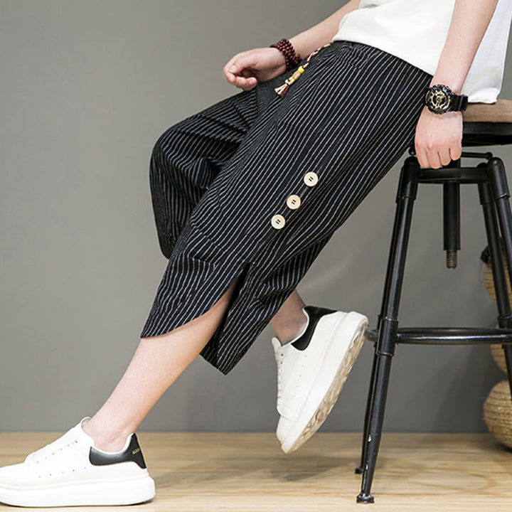 Buddha Stones Casual White Stripes Pattern Drawstring Button Design Men's Cotton Cropped Harem Pants With Pockets - image 18