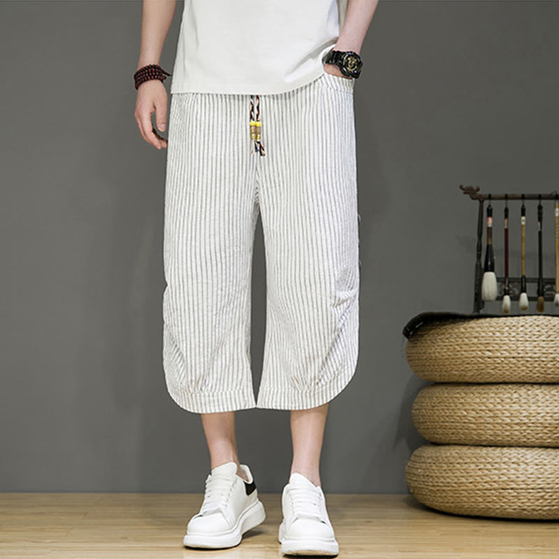Buddha Stones Casual White Stripes Pattern Drawstring Button Design Men's Cotton Cropped Harem Pants With Pockets - image 22